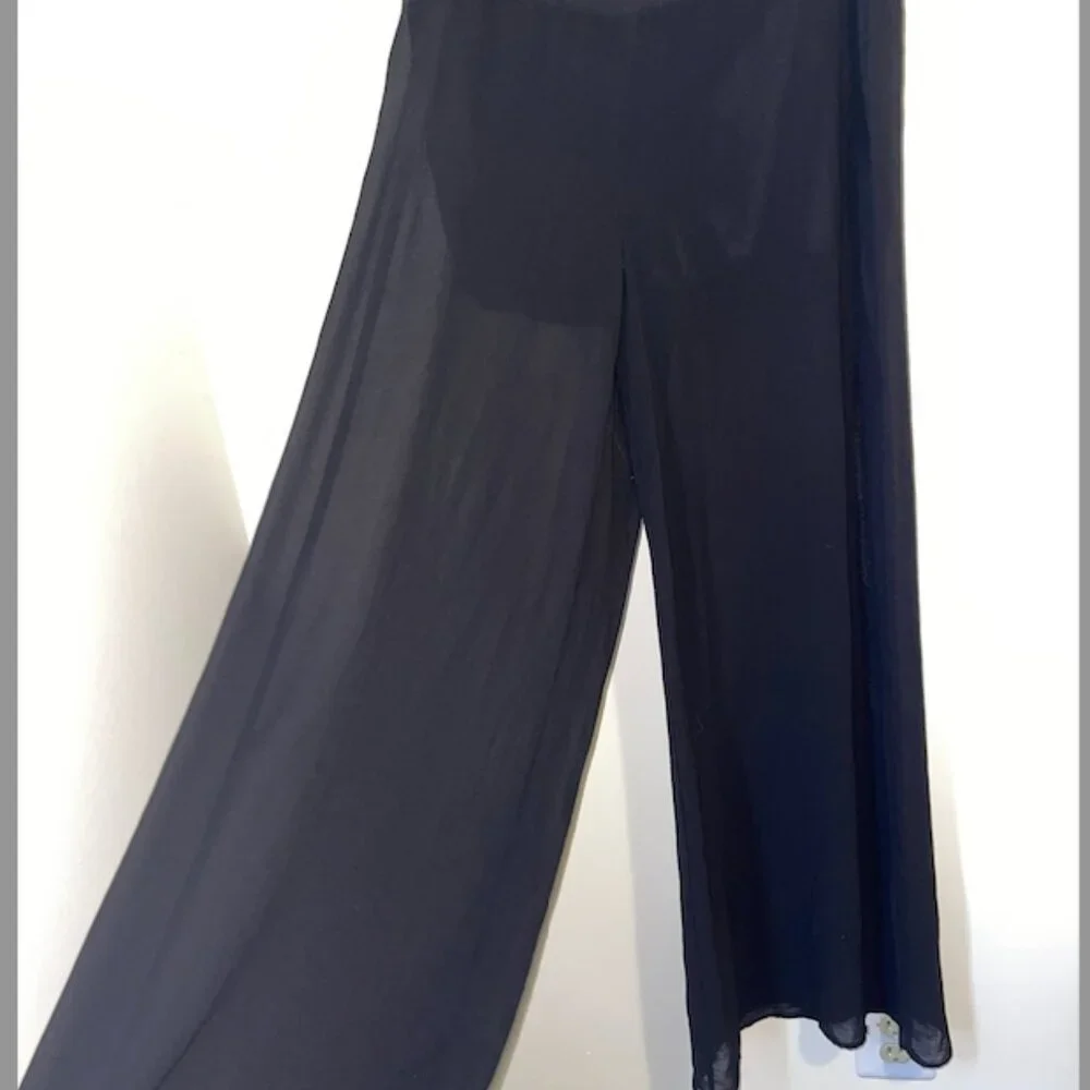 Black Sheer Wide Leg Palazzo Pants – High Waist Zip Back – Size L - Picture 8 of 9